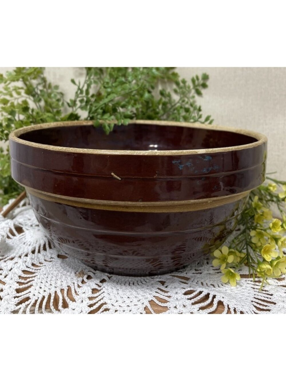 BROWN Beehive CROCK MIXING BOWL USA 9 IN RIBBED STONEWARE KITCHEN USA Vintage